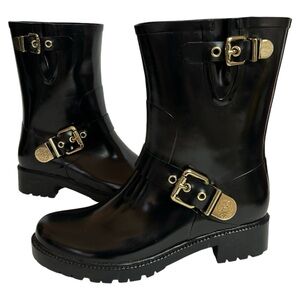 NWOT Vince Camuto Women’s 8m Black Rubber Boots Mid Calf Gold Hardware